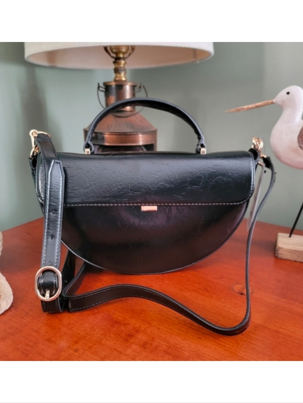 NWT Scoop Half Moon Satchel Black Crinkle Faux Leather Bag
